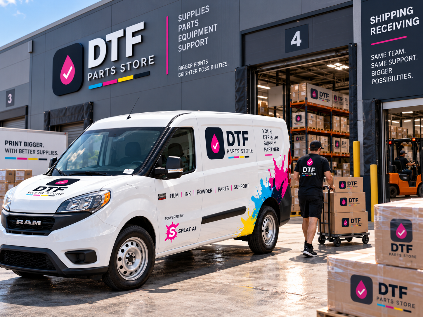 DTF Parts Store branded delivery van and warehouse concept