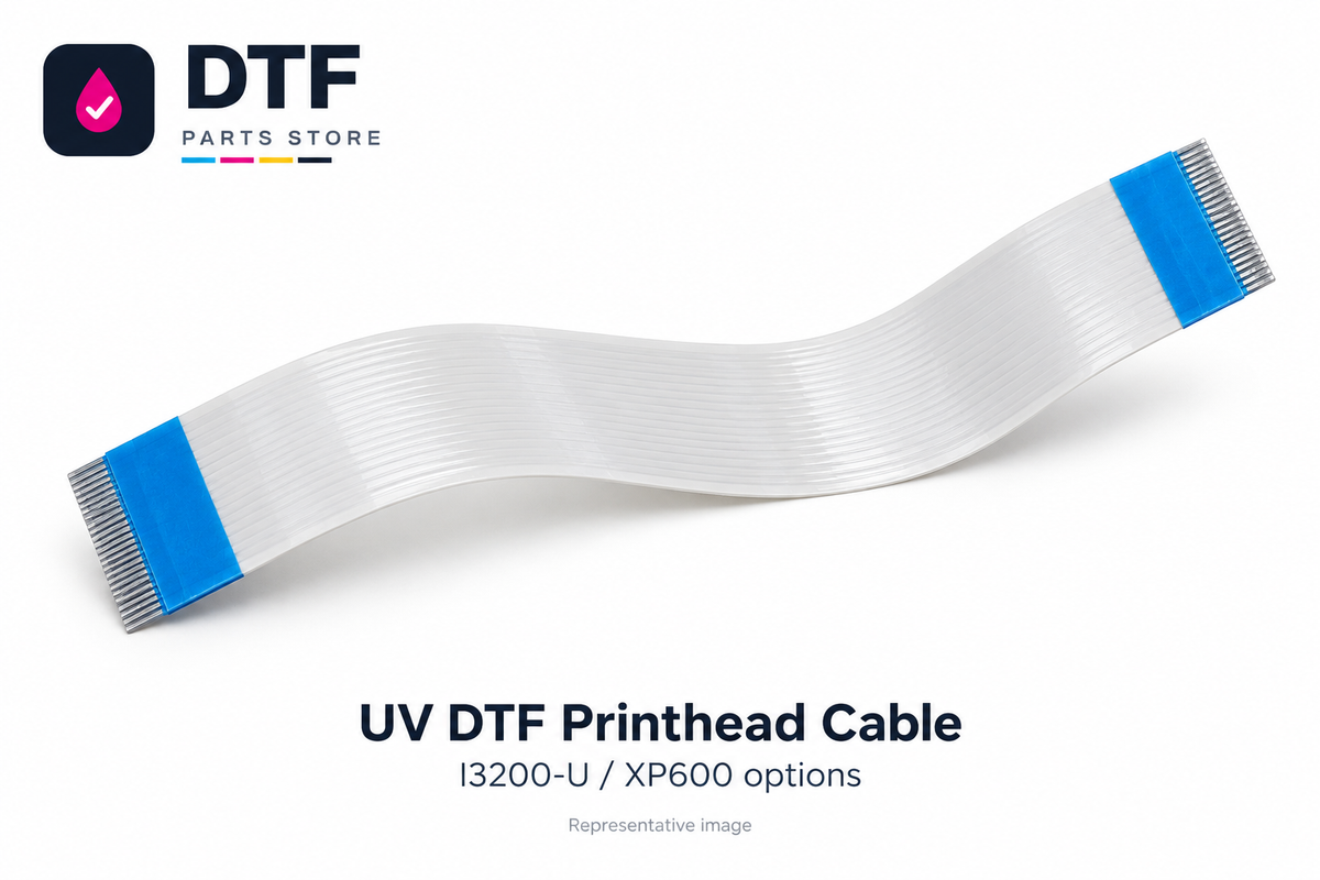 UV DTF Printhead Ribbon Cable on a white background with DTF Parts Store branding