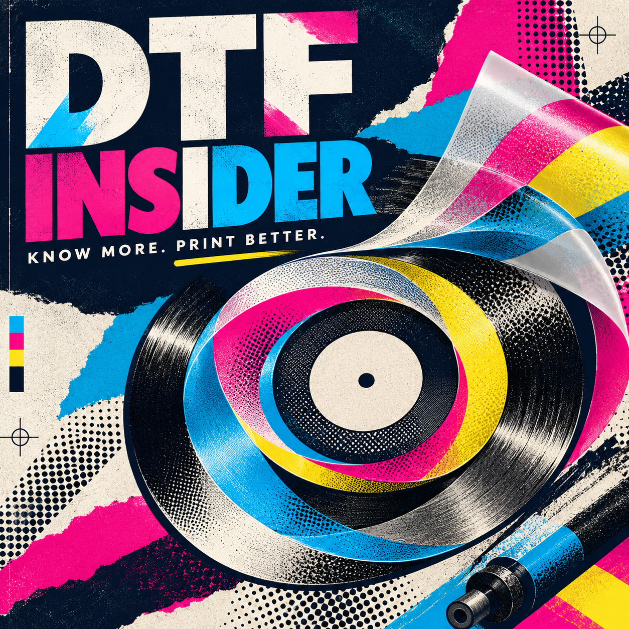 DTF Insider record-cover artwork in navy, pink and cyan