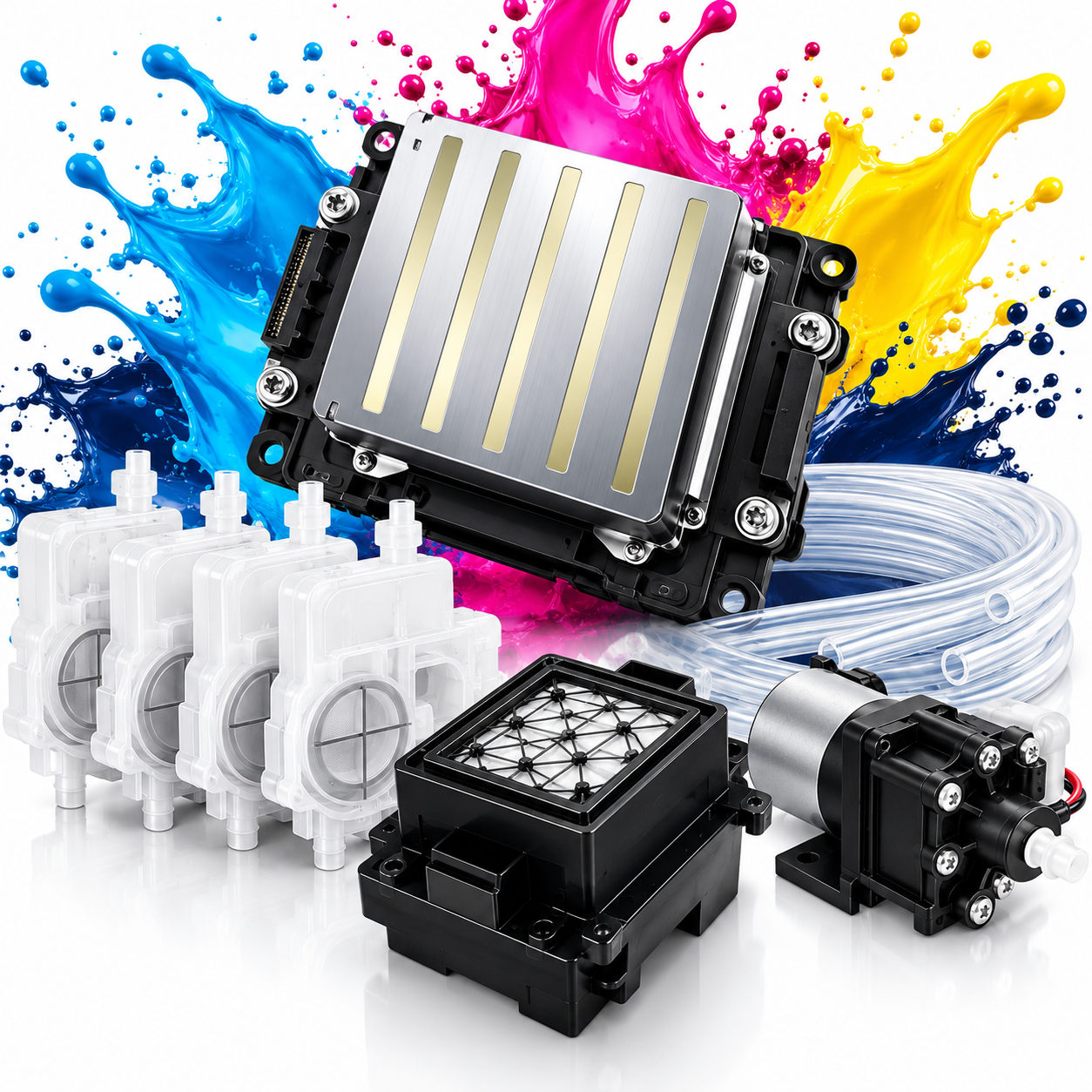 Printer parts with colorful CMYK splashes