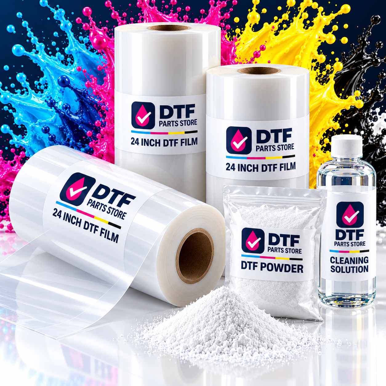 Wide DTF film rolls, adhesive powder and cleaning supplies
