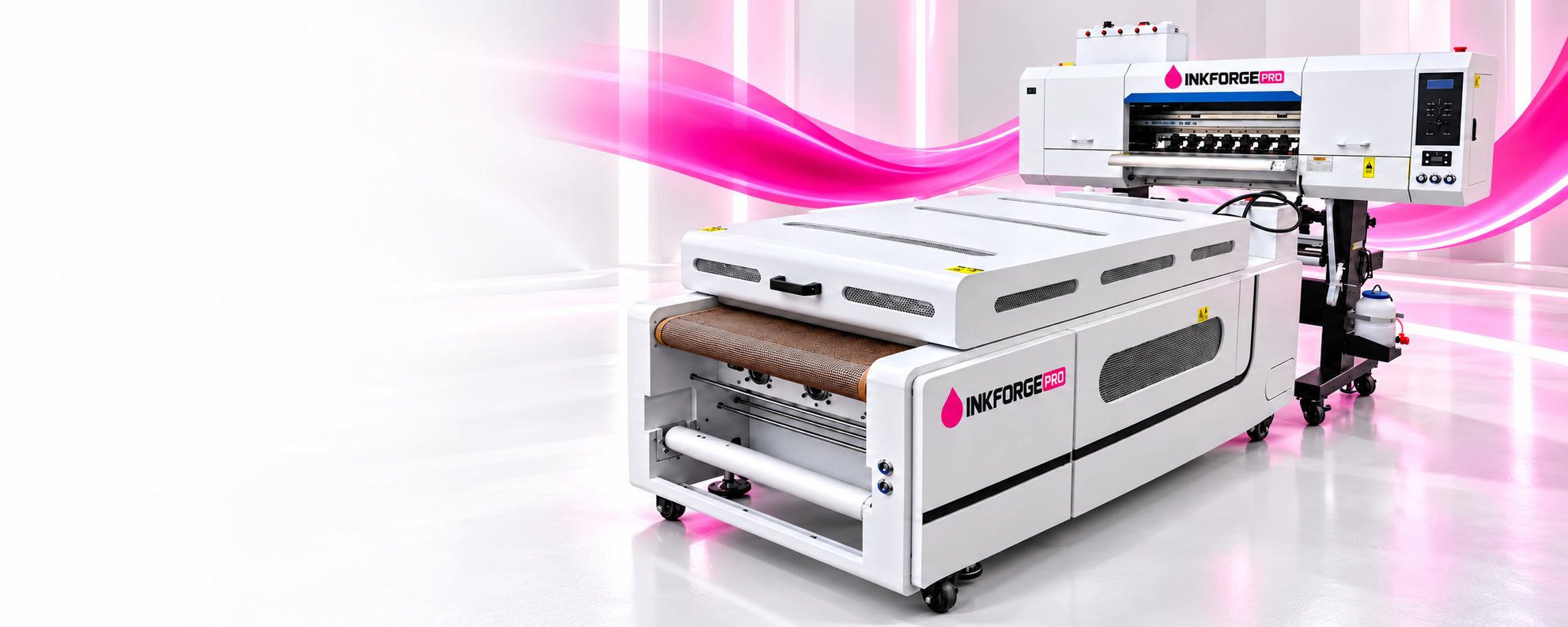 InkForge Pro printer and shaker in a bright studio with magenta accents